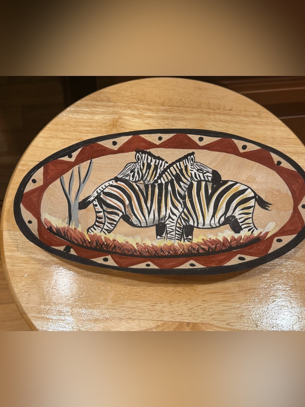 Hand-Painted Zebra Oval bowl/Wall Plaque in Black, White & Brown-Beautiful!